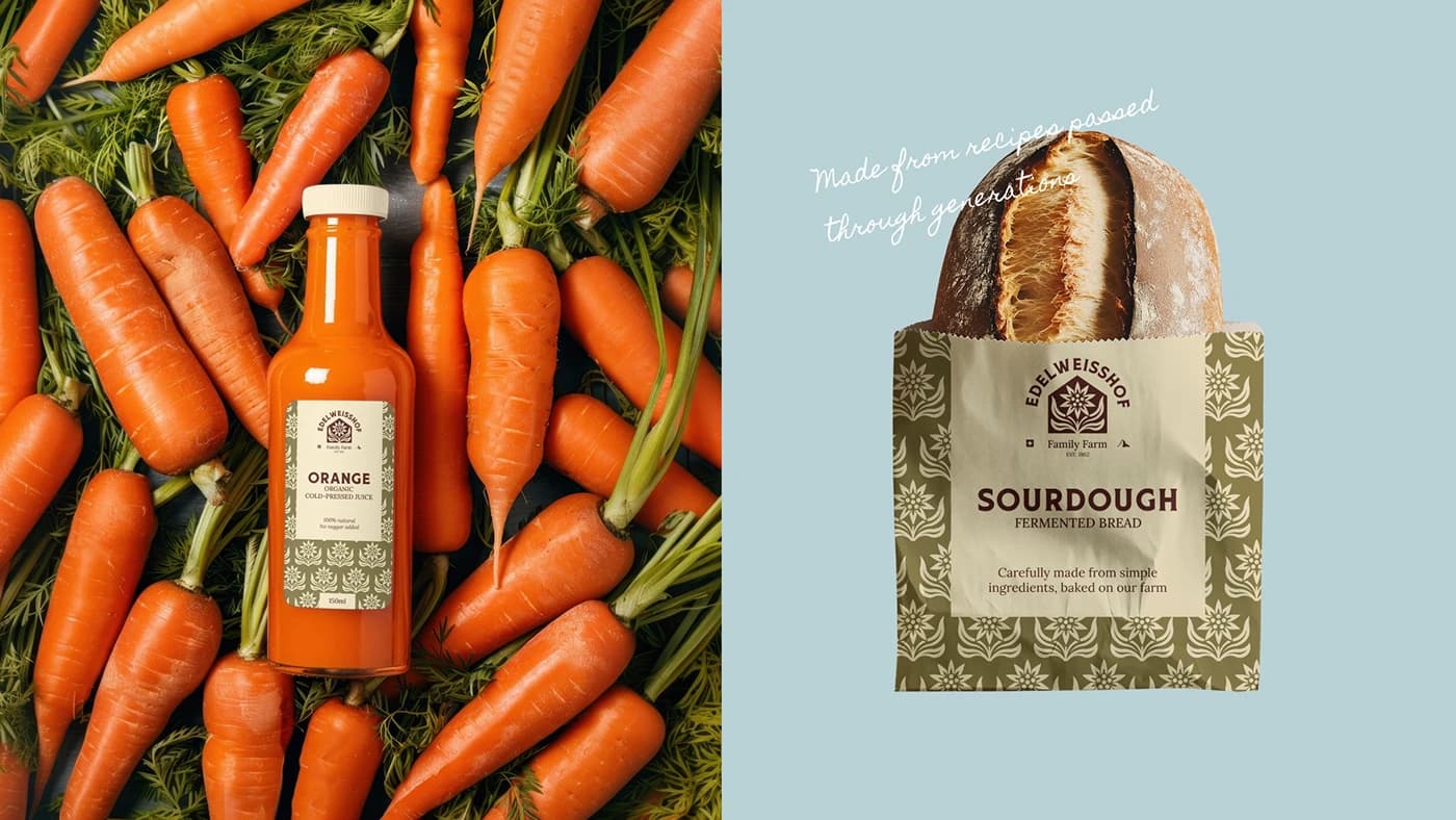 Edelweisshof cold-pressed orange juice lying among carrots beside a loaf in a block-printed sourdough bag — packaging from the brand identity for a Swiss-rooted California family farm