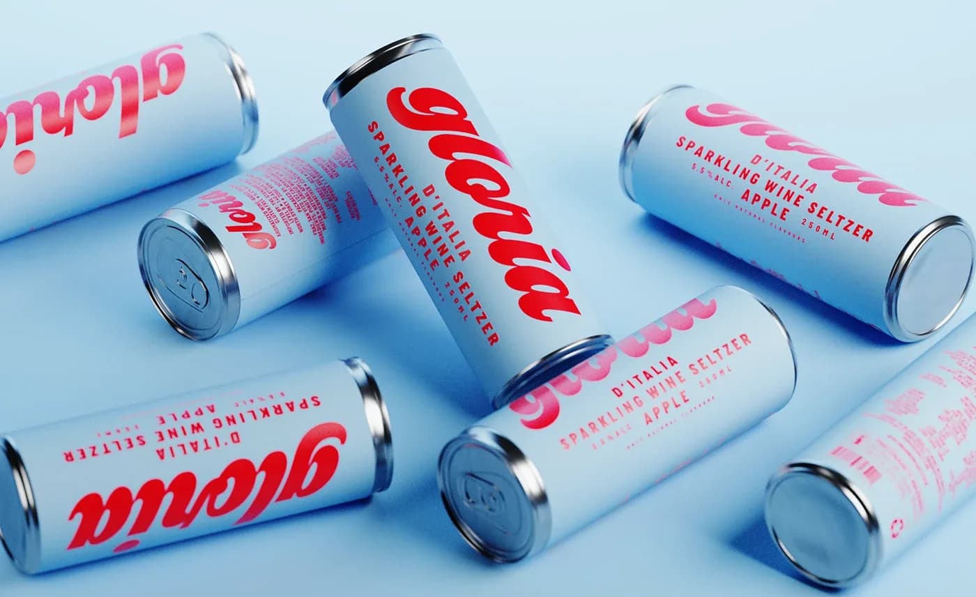 Gloria sparkling wine seltzer cans laid across a red and white striped ground — the identity and packaging behind a 9.68x return on ad spend