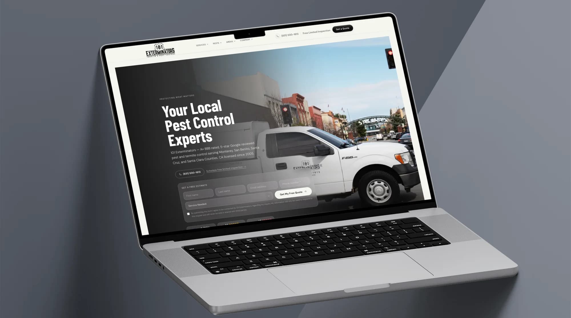 The 101 Exterminators website on a MacBook angled against a slate studio backdrop, its homepage reading “Your Local Pest Control Experts” over a service truck on a Salinas street — the site behind the pest-control company Machina grew from $120K to $6.8M