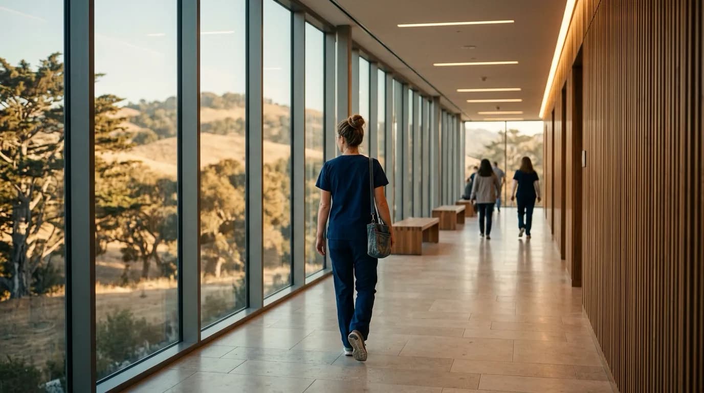 A nurse walking a sunlit hospital corridor above the oak hills of the Salinas Valley — the health system Machina grew 631% in organic traffic