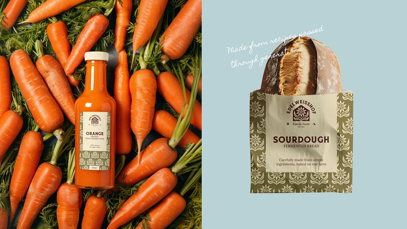 Edelweisshof cold-pressed orange juice lying among carrots beside a loaf in a block-printed sourdough bag — packaging from the brand identity for a Swiss-rooted California family farm
