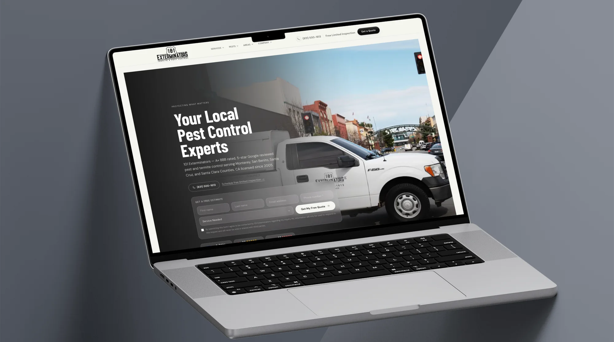 The 101 Exterminators website on a MacBook angled against a slate studio backdrop, its homepage reading “Your Local Pest Control Experts” over a service truck on a Salinas street — the site behind the pest-control company Machina grew from $120K to $6.8M